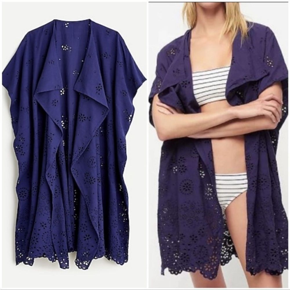 J.CREW Women’s Navy Blue Cotton Eyelet Poncho Cover Up S/M 100% Cotton Beach